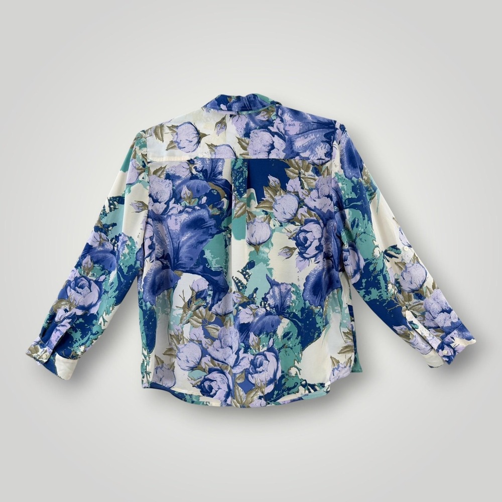 Chico's Rose Garden Sophia Blouse Womens XL Blue Floral Roll Tab NWT - Picture 5 of 9